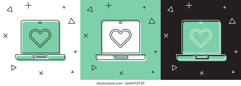 Set Dating app online laptop conceito ícone isolado em branco e verde, fundo preto. Perfil feminino masculino liso design. Combinação de casal para relacionamento.  Vetor