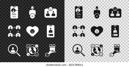 Set Dating app online, Loss of friend, Friends forever, Magnifying glass search, International community, Give gift, BFF best friends and Good relationship icon. Vector