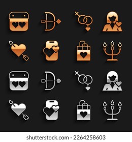 Set Dating app online mobile, Romantic girl, Candlestick, Shopping bag with heart, Amour arrow, Gender, Calendar and Bow icon. Vector
