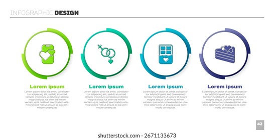App de citas en línea móvil, género, barra de chocolate y pastel de Boda. Plantilla de infografía de negocios. Vector