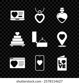 Set Dating app online, Necklace with heart shaped, Bottle love potion, Online dating and chat, Valentines day party flyer, Wedding cake and Diamond engagement ring icon. Vector