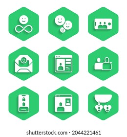 Set Dating app online, Video chat conference, Necklace with heart shaped, BFF or best friends forever, Incoming call mobile, Envelope Valentine, Selfie and Friends icon. Vector