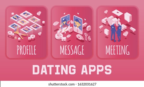 Set of dating app screens templates. Isometric couple in love, happy laying man and smiling man and woman profiles isolated on pink background. Vector illustration of dating application or website.