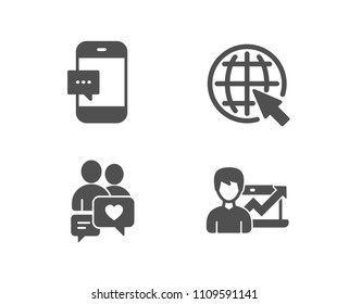 Set of Dating chat, Internet and Smartphone message icons. Success business sign. People love, World web, Cellphone chat. Growth chart.  Quality design elements. Classic style. Vector