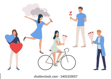 Set of dating couples. Young men and women waiting, standing, riding bike, holding flowers or heart. People concept. Vector illustration can be used for topics like love or dates
