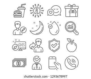 Set of Dating, Hamburger and Vacancy icons. Delivery boxes, Vitamin e and Payment signs. Data analysis, Edit person and Hold smartphone symbols. Love messenger, Burger with drink, Businessman concept