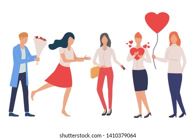 Set of dating people. Man carrying flowers, woman holding heart or heart-shaped balloon. Love concept. Vector illustration can be used for topics like love day or romance