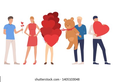 Set of dating people. Men and women holding teddy bear, hearts, smartphone, flowers. People concept. Vector illustration can be used for topics like love day, celebration, romance