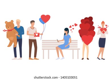 Set of dating people. Men and women holding heart, smartphone, air balloons, teddy bear. People concept. Vector illustration can be used for topics like love day, celebration, romance
