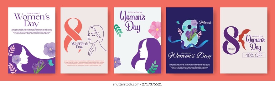Conjunto de Dia das Mulheres A4 folheto de cartaz pacote de modelo de capa 8 março com fundo de ilustração de vetor floral, design de silhueta de rosto feminino, gráficos promocionais feminismo feminino