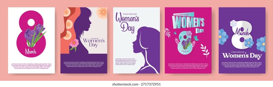 Set of Women’s Day A4 print flyer poster templates pack and 8 March brochure cover designs bundle with floral vector backgrounds collections and female face silhouette illustrations for marketing promotions