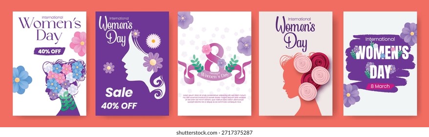 Set of Women’s Day A4 print flyer poster templates pack with 8 March leaflet brochure covers, floral vector illustration, female face silhouette designs, feminism feminine marketing collection