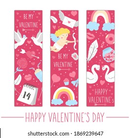 Set of Valentine’s day bookmarks or greeting card templates. Vertical love holiday posters or invitations. Bright pink frame illustration with traditional symbols. Be my Valentine design
