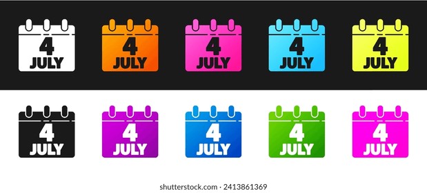 Set Day calendar with date July 4 icon isolated on black and white background. USA Independence Day. 4th of July.  Vector