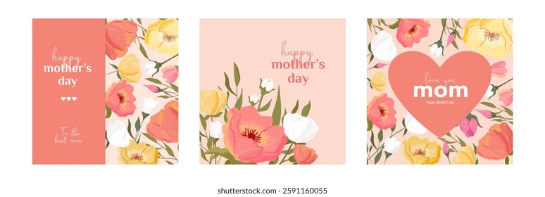 Set of  Mother’s Day card, banner, poster, flyer, label, or cover with a floral frame. Abstract spring-summer botanical pattern. Fresh, stylish floral design template.