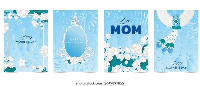 Set of mother’s day card with garland and oval frame  for A4 vertical design