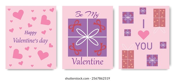 Set of Valentine’s Day cards with pink hearts, bows, and romantic text, perfect for expressing love and affection.