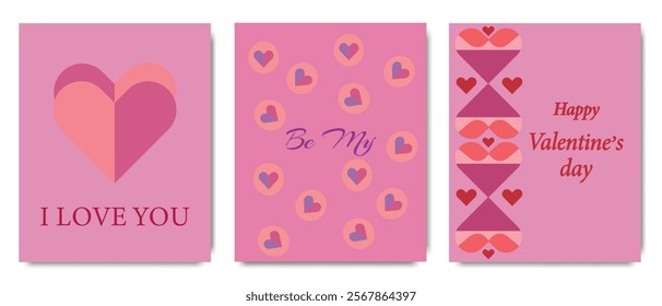 Set of Valentine’s Day cards with pink and red hearts, romantic text, and creative designs for expressing love.