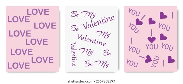 Set of Valentine’s Day cards with romantic phrases and hearts, perfect for expressing love and affection.