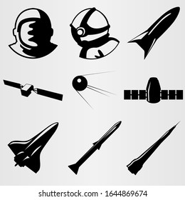 Set for the day of cosmonautics. The set includes satellites, rockets, astronauts and shuttles. Vector illustration.