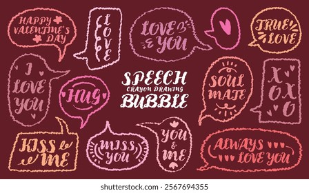 Set of valentine’s Day crayon drawing outline speech bubbles with love message. Retro style handwritten pink color chat box for lover. Romantic short word colorful memo sticker. 
Heart kiss miss XOXO.