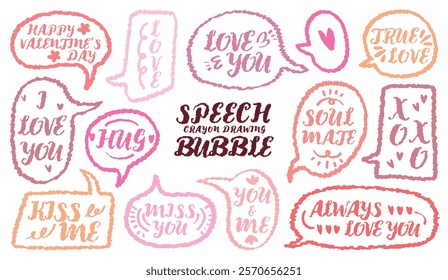 Set of valentine’s Day crayon drawing outline speech bubbles with love message. Retro style handwritten pink color chat box for lover. Romantic short word colorful memo sticker. 
Heart kiss miss XOXO.