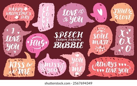 Set of valentine’s Day crayon drawing speech bubbles with love message. Retro style handwritten pink color chat box for lover. Romantic short word colorful memo sticker. Wedding heart kiss miss XOXO
