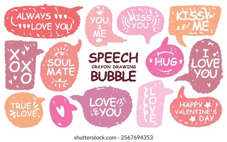 Set of valentine’s Day crayon drawing speech bubbles with love message. Retro style handwritten pink color chat box for lover. Romantic short word colorful memo sticker. Wedding heart kiss miss XOXO
