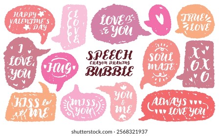 Set of valentine’s Day crayon drawing speech bubbles with love message. Retro style handwritten pink color chat box for lover. Romantic short word colorful memo sticker. Wedding heart kiss miss XOXO