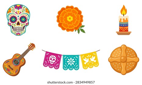Set of Day of the Dead elements sugar skull marigold flower candle acoustic guitar papel picado flat vector