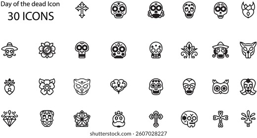 Set of Day of the dead icons. Line art style icons bundle. vector illustration