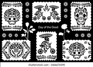 Set of Day of the Dead illustrations. Paper cut flags with festive design elements. Skulls, sceletons and floral ornaments inspired by Mexican art.