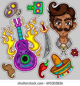 Set of Day of the Dead patches elements. Set of stickers, pins, patches and handwritten notes collection in cartoon, comic style. Mexican celebration. Vector stickers kit.