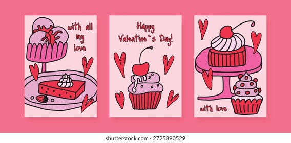 Conjunto de tarjetas de postre de San Valentín con pasteles dibujados a mano, cupcakes y corazones en rosa. Lindo estilo retro Doodle con cerezas, crema batida. Tarjeta de felicitación romántica, cartel y Anuncio