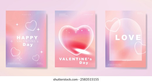 Set of Valentine’s Day greeting abstract colorful gradient card background set. Minimalist poster Modern design with hearts wallpaper design for, website, banner, ads.