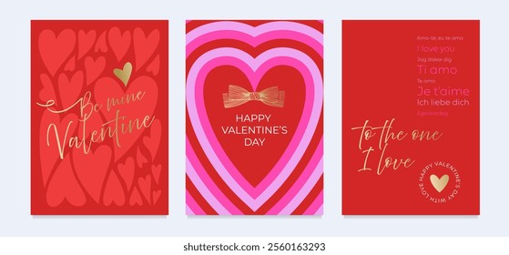 Set of Valentine’s Day greeting cards with hearts and gold typography. Romantic and modern design for Valentine’s Day celebrations, cards, and prints.