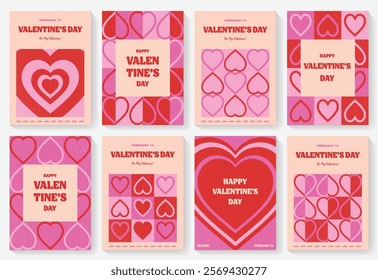 Set of Valentine’s Day greeting cards in retro style. Invitation layout design with abstract heart. Vector illustration