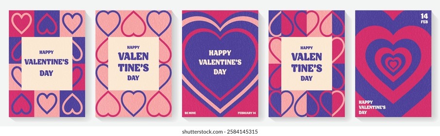 Set of Valentine’s Day greeting cards in retro style. Invitation layout design with abstract heart. Vector illustration