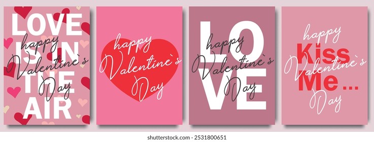 Set of Valentine’s Day greeting cards with romantic lettering, heart designs, and love messages. Templates for celebration, ads, branding, banner, cover, label, poster, sales