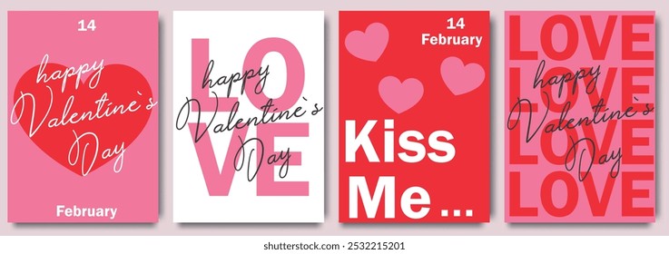 Set of Valentine’s Day greeting cards with romantic lettering, heart designs, and love messages. Templates for celebration, ads, branding, banner, cover, label, poster, sales