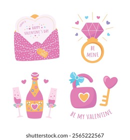 A set of Valentine’s Day icons: champagne, a greeting card in an envelope, a wedding ring, and a lock with keys