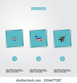 Set of day icons flat style symbols with history, banner, fighter plane and other icons for your web mobile app logo design.