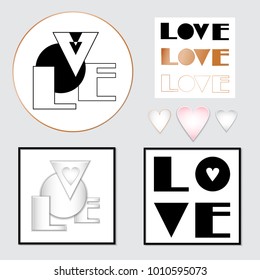 Set for the day of lovers or a wedding. Hearts, the word LOVE in different compositions. Elements for interior posters, cards, invitations