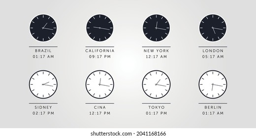 Set of day and night clock for time zones different cities. Vector Illustration