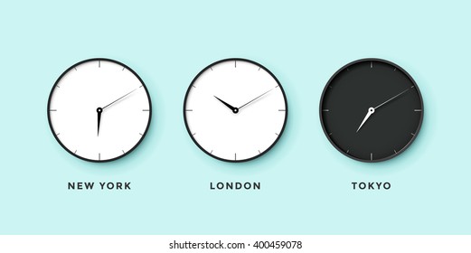 Set of day and night clock for time zones different cities. Black and white watch on a mint background. Vector Illustration