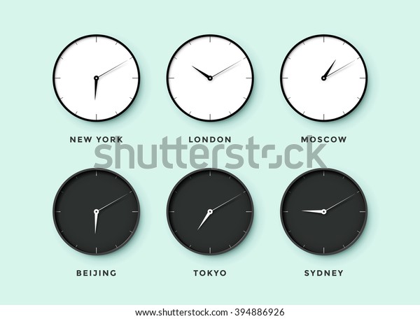 Set of day and night clock for time zones\
different cities. Black and white watch on a menthol background.\
Vector Illustration