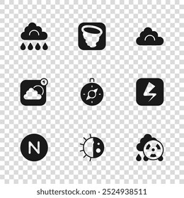 Definir o ciclo noturno do dia, Raio, Nuvem radioativa de chuva ácida, Bússola, Nuvem, com, Tornado e previsão do tempo ícone do aplicativo. Vetor