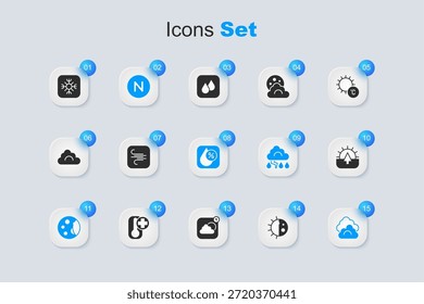 Set Day night cycle, Wind, Compass north, Moon phases, Cloud, Sunrise, Snowflake and Water drop percentage icon. Vector