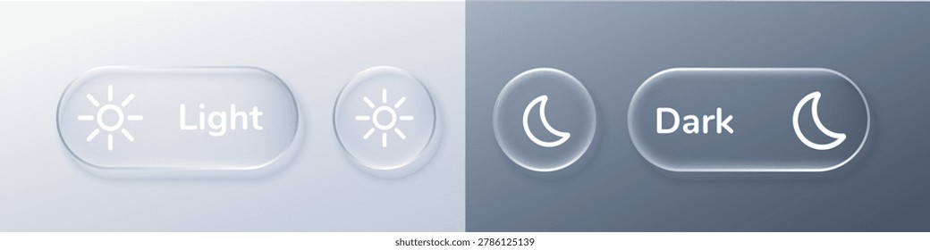 Set of day and night mode button. Light and dark mode switch buttons for UI design. Button vector ui for glass sun am and switch moon bar.