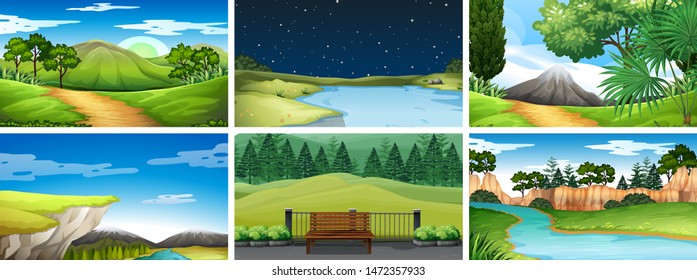 Conjunto de escenas de día y noche en la ilustración de la naturaleza